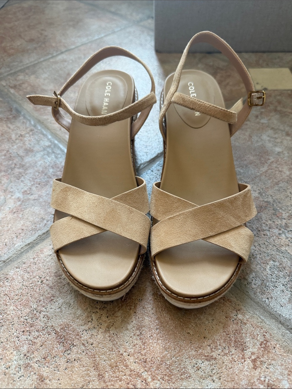 Cole Haan Women's Tan Suede Crisscross Ankle-Strap Wedge Sandals